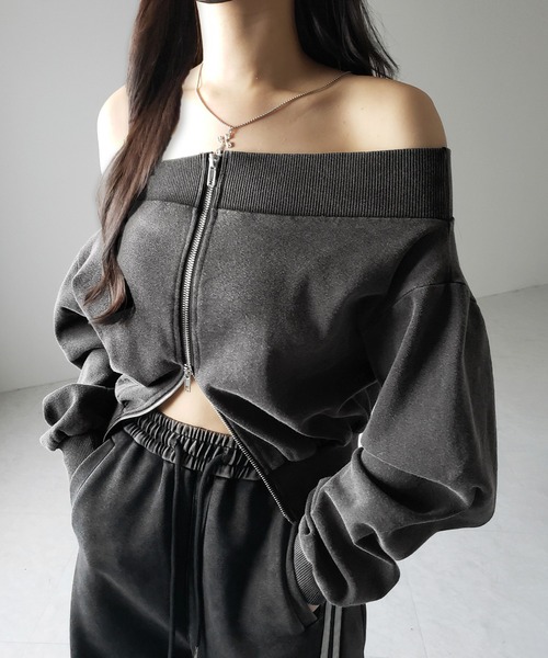 「 ２color 」ダブルジップピグメントオフショルスウェットトップス ／ double zip pigment off shoulder sweat