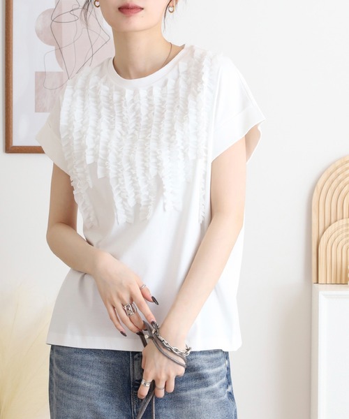tシャツ EGLANTINE シフォンフリル付き半袖カットソー レディース