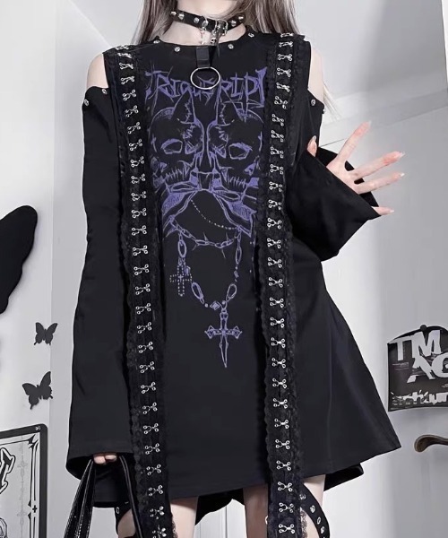 tシャツ A'GEM/9 × .kom「TricuspidC/トライカスピッドシー」Dark skull front design mode loos