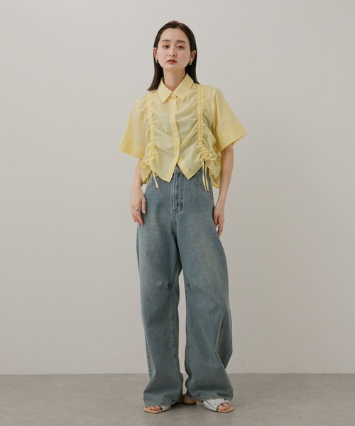 ブラウス シャツ Recycle Organdy Pleats Top レディース セール】長袖ショート丈クロップドドロストギャザーシャーリング