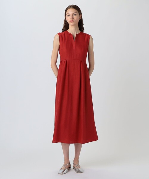 スペイン★Sfera★バックリボンに注目 透け感お洒落ワンピ★2色 バックリボンスタンドカラーサテンワンピース[品番：PA000011756