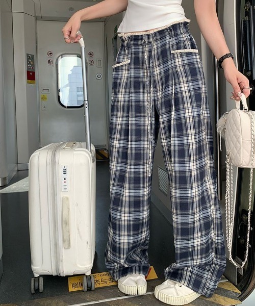 GEMEDA ワイドパンツ パンツ ウエストレース付きチェックワイドパンツ