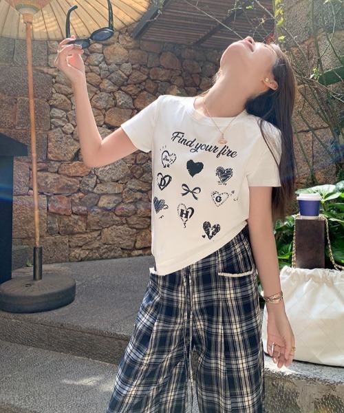 GEMEDA ワイドパンツ パンツ ウエストレース付きチェックワイドパンツ