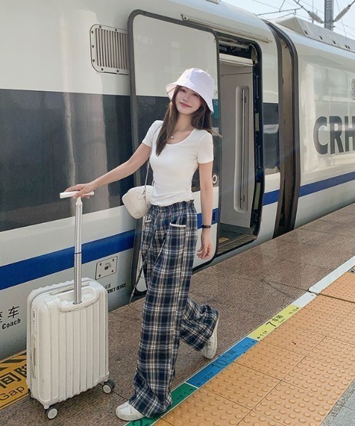 GEMEDA ワイドパンツ パンツ ウエストレース付きチェックワイドパンツ