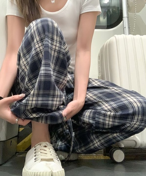 GEMEDA パンツ ウエストレース付きチェックワイドパンツ レディース