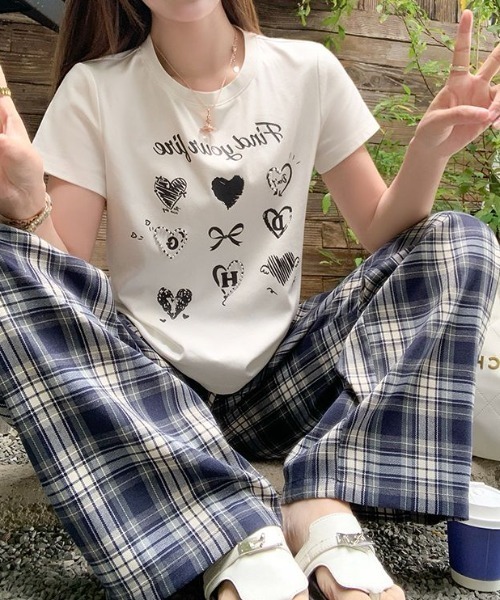 GEMEDA パンツ ウエストレース付きチェックワイドパンツ レディース