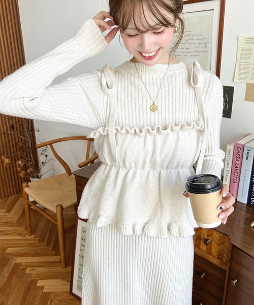 moment+ ワンピース シャーリングギャザーリボンキャミ＋ニット