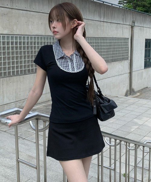 シャツ+ブラウス(半袖+袖なし) andmary Alice check ribbon tops black anyonemore ブラウス シャツ 半袖 ビンテージチェック襟付きレース半袖