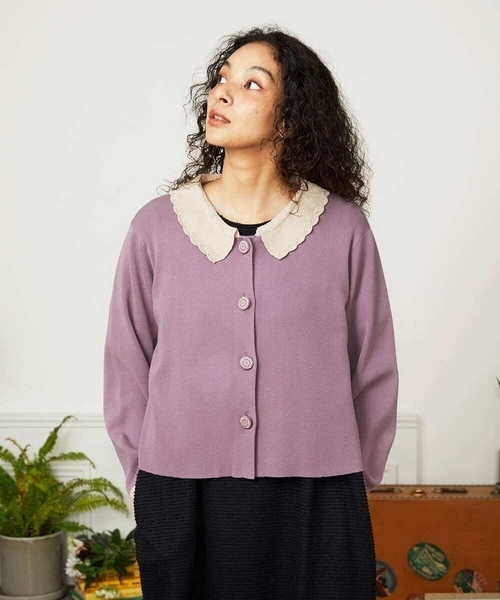 ホコモモラ（JOCOMOMOLA）/Encaje 配色レース襟ニットカーディガン Jocomomola（ホコモモラ） カーディガン Encaje 配色レース襟ニット