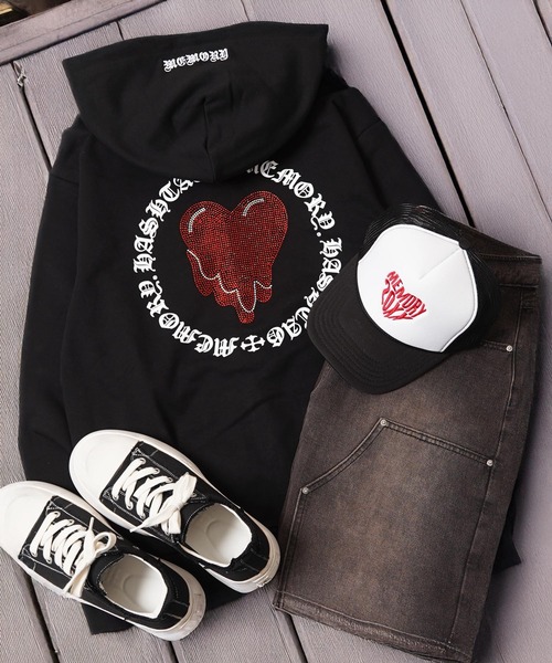 mmbbt heart design double zip 短丈 MEMORY パーカー 「MEMORY」ヘビーウェイト ドリップハート ダブルZIP