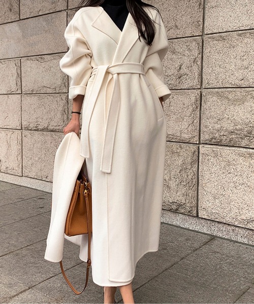トレンチコート コート ショール付きウールタッチベルトロングコート