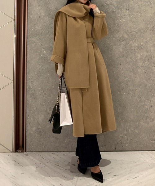 トレンチコート コート ショール付きウールタッチベルトロングコート