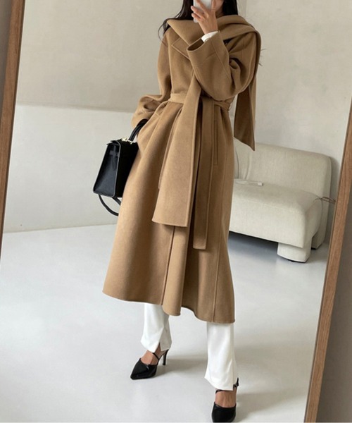 トレンチコート コート ショール付きウールタッチベルトロングコート