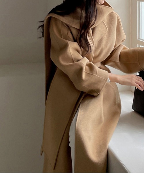 トレンチコート コート ショール付きウールタッチベルトロングコート