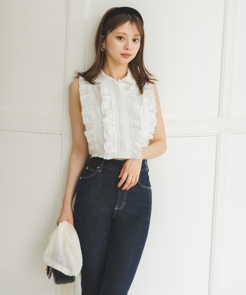 snidel ノースリクロップドフリルシャツ ネイビー SNIDEL（スナイデル） ノースリーブシャツ F ネイビー レディース