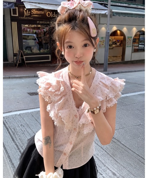 inst.ALL ブラウス シャツ ドット柄フリルラッフルブラウス レディース
