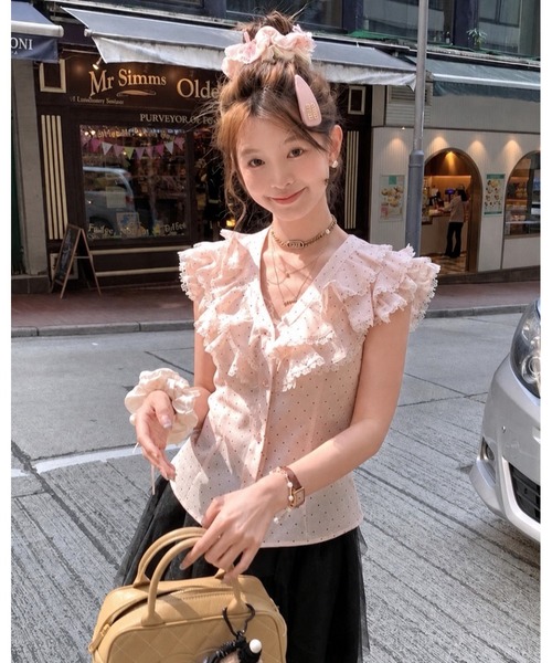 inst.ALL ブラウス シャツ ドット柄フリルラッフルブラウス レディース