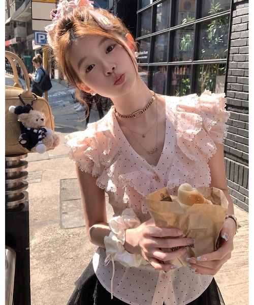 inst.ALL ブラウス シャツ ドット柄フリルラッフルブラウス レディース