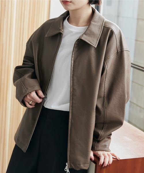 andme（アンドミー） ブルゾン アウター 合成皮革オーバーサイズダブル