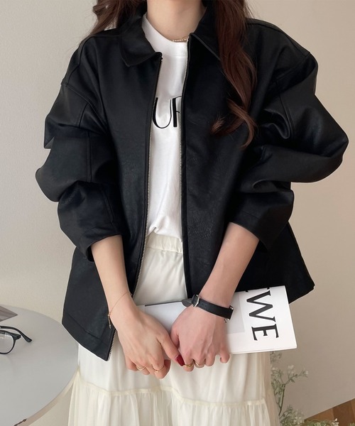 our ダブルジッパーの綺麗めブルゾン andme（アンドミー） ブルゾン アウター 合成皮革オーバーサイズダブル