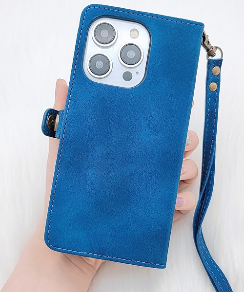 水色ストライプ iPhoneケース ポップソケット付き Lace Ladies スマホケース ストラップ付きレザー調多機能手帳型