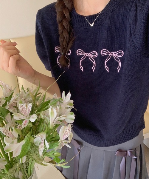 ニット セーター メニーリボン刺繍サマーニットトップス/パフスリーブ半袖ニット レディース