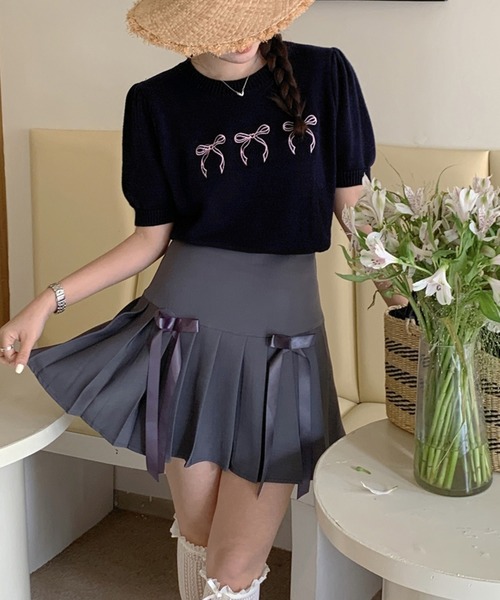 leune ニット セーター メニーリボン刺繍サマーニットトップス