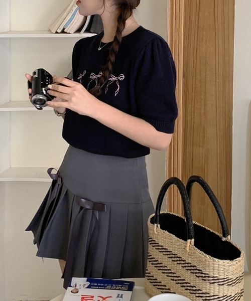 ニット セーター メニーリボン刺繍サマーニットトップス/パフスリーブ半袖ニット レディース セール】メニーリボン刺繍サマーニットトップス/パフスリーブ