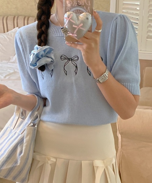 leune ニット セーター メニーリボン刺繍サマーニットトップス