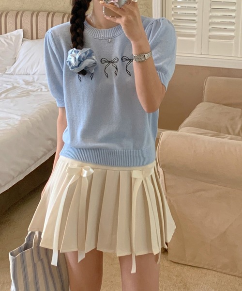ニット セーター メニーリボン刺繍サマーニットトップス/パフスリーブ半袖ニット レディース セール】メニーリボン刺繍サマーニットトップス/パフスリーブ