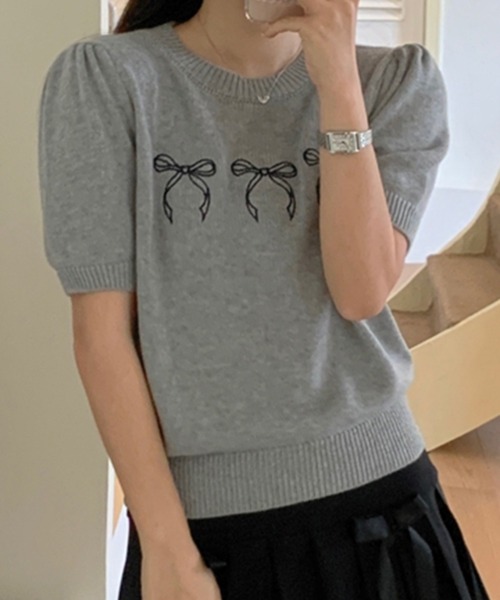 ニット セーター メニーリボン刺繍サマーニットトップス/パフスリーブ半袖ニット レディース セール】メニーリボン刺繍サマーニットトップス/パフスリーブ