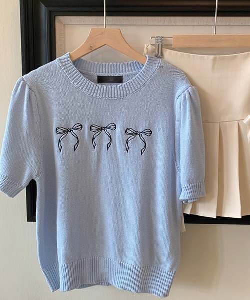 leune ニット セーター メニーリボン刺繍サマーニットトップス