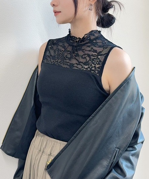 Calm Maison タンクトップ ノースリーブ ハイネックレース