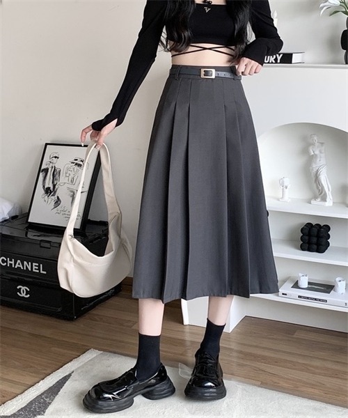 FREE STYLISTS スカート フロントプリーツロングスカート ベルト付け2