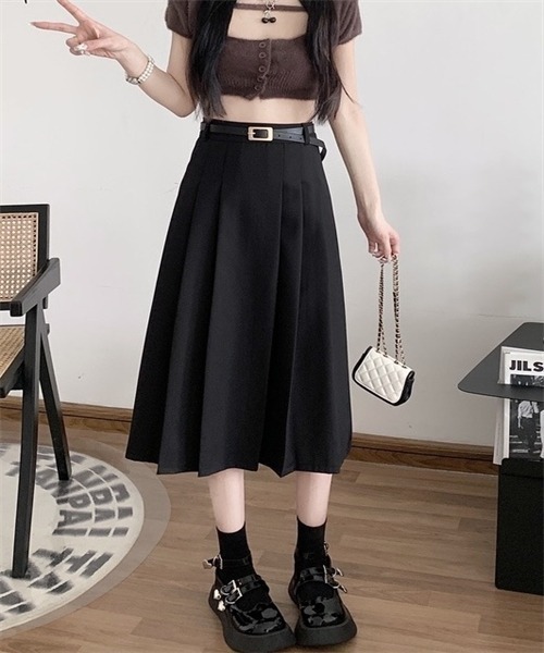 FREE STYLISTS スカート フロントプリーツロングスカート ベルト付け2