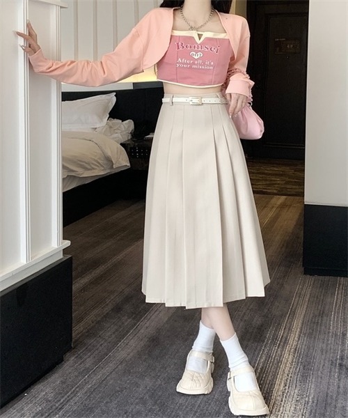 FREE STYLISTS スカート フロントプリーツロングスカート ベルト付け2