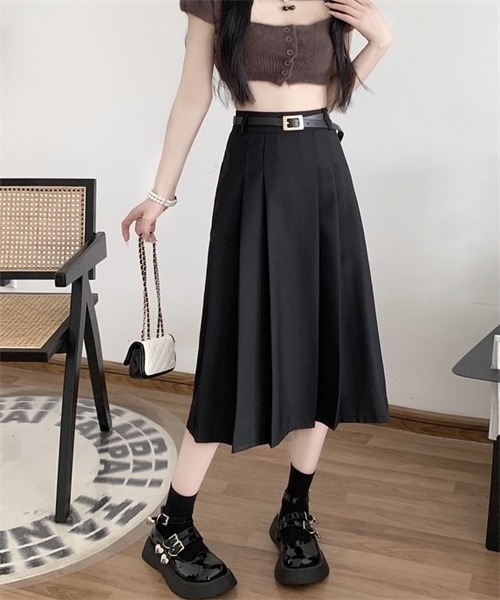 FREE STYLISTS スカート フロントプリーツロングスカート ベルト付け2