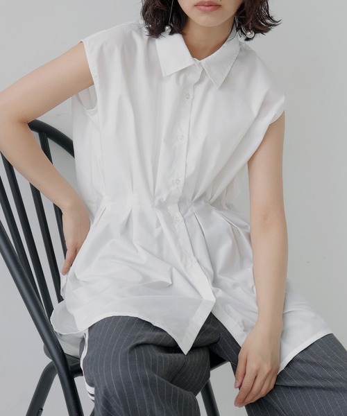 hellam（ヘラム） ブラウス シャツ ウエストタックノースリーブシャツ