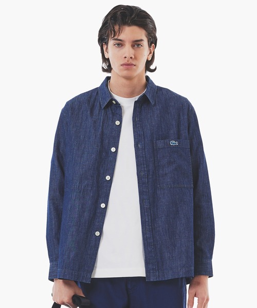 ★LACOSTE★　プレートロゴ デニムブルゾン セール】 オーバーサイズ フード付き シャツブルゾン （ブルゾン
