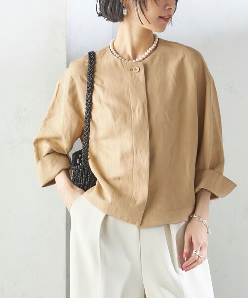 ブラウス シャツ SHIPS Primary Navy Label:麻 レーヨン ノーカラー 羽織 レディース