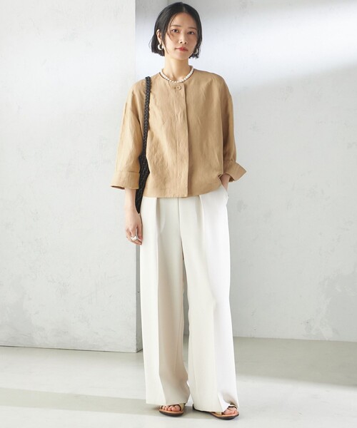 ブラウス シャツ SHIPS Primary Navy Label:麻 レーヨン ノーカラー 羽織 レディース セール】SHIPS Colors:〈手洗い可能〉サテン ハイネック タック