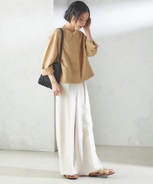 SHIPS ブラウス シャツ Primary Navy Label:麻 レーヨン ノー