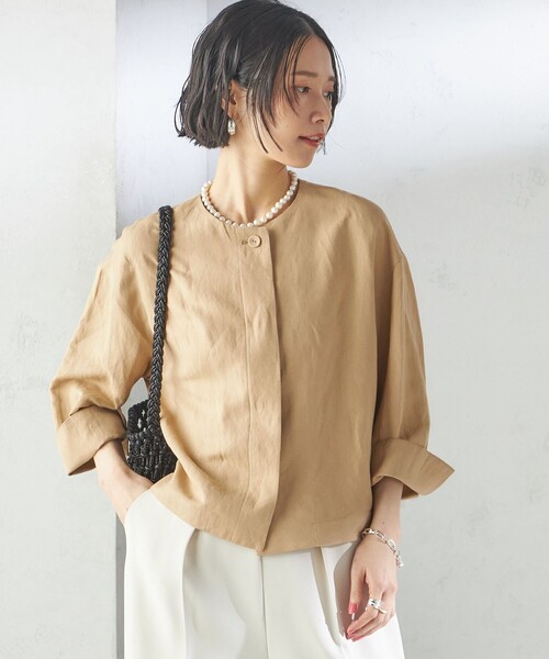 ブラウス シャツ SHIPS Primary Navy Label:麻 レーヨン ノーカラー 羽織 レディース SHIPS ブラウス シャツ Primary Navy Label:麻 レーヨン ノー