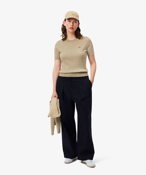 LACOSTE グリーン リブ編み 半袖 ニット 36 LACOSTE ラコステ 半袖 Tシャツ ケーブルニットTシャツ