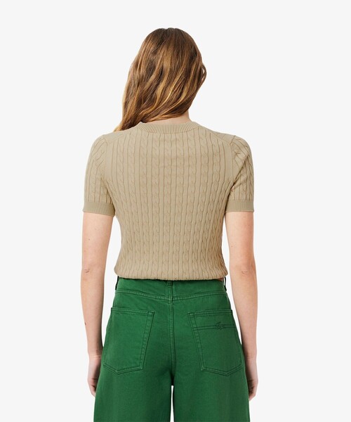 LACOSTE グリーン リブ編み 半袖 ニット 36 LACOSTE ニット セーター ケーブルニット半袖Tシャツ レディース