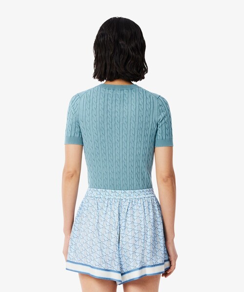 LACOSTE グリーン リブ編み 半袖 ニット 36 LACOSTE ニット セーター ケーブルニット半袖Tシャツ レディース