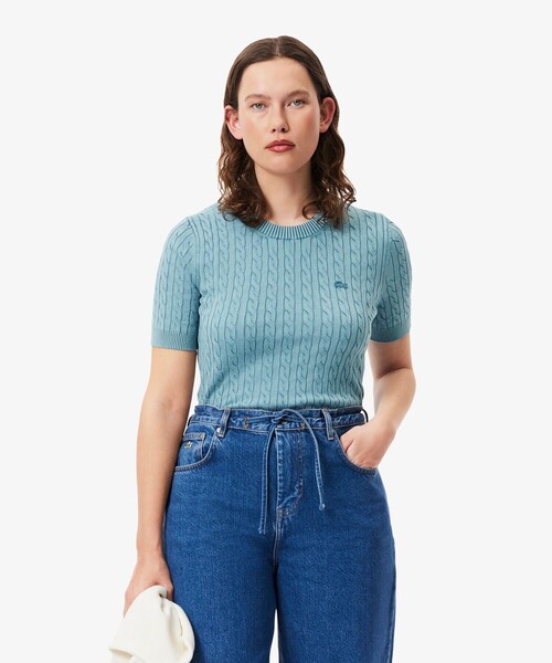 ラコステ レア サマーニット 半袖 ライトインディゴブルー 5 日本L〜XL LACOSTE ニット セーター ケーブルニット半袖Tシャツ レディース