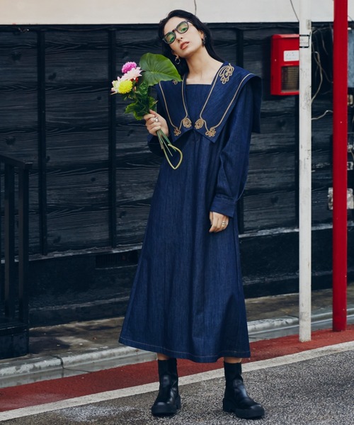 ROSE BUD 「ROSE BUD」 長袖ワンピース FREE ネイビー