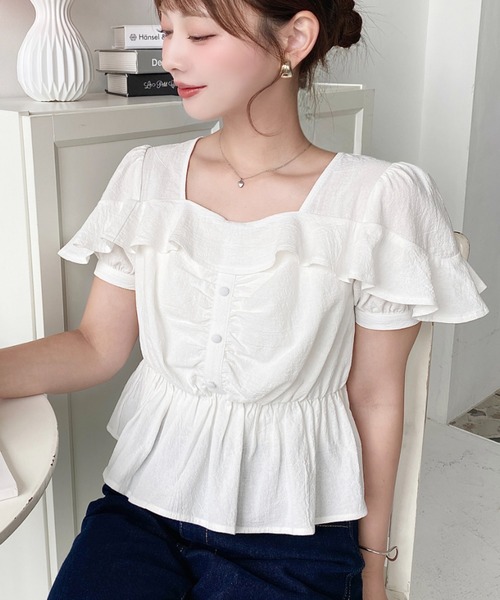 moment+ ブラウス シャツ スクエアフリルペプラム半袖ブラウス