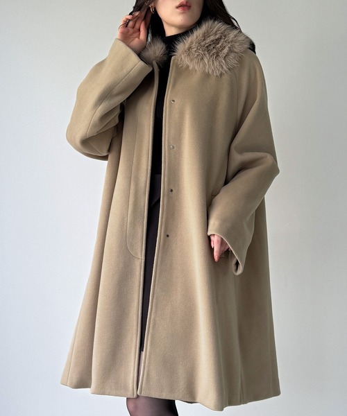 ファー付シャギーノーカラーコート JUNOAH（ジュノア） ノーカラーコート コート 「取り外し可能